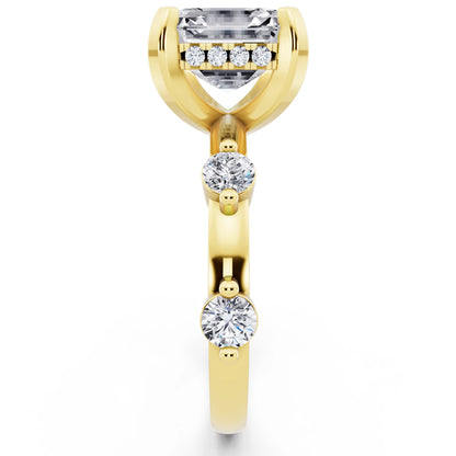 18 KT Yellow Gold Asscher Cut Diamond Solitaire Ring with Floating Diamond Accents - side view