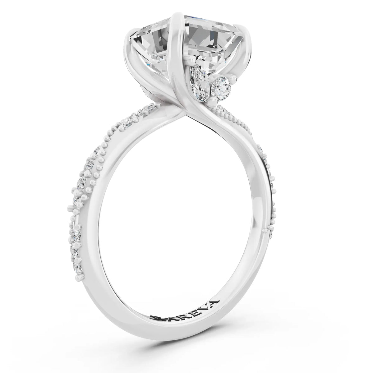 Platinum Asscher Cut Diamond Ring with Marquise Accent - top view