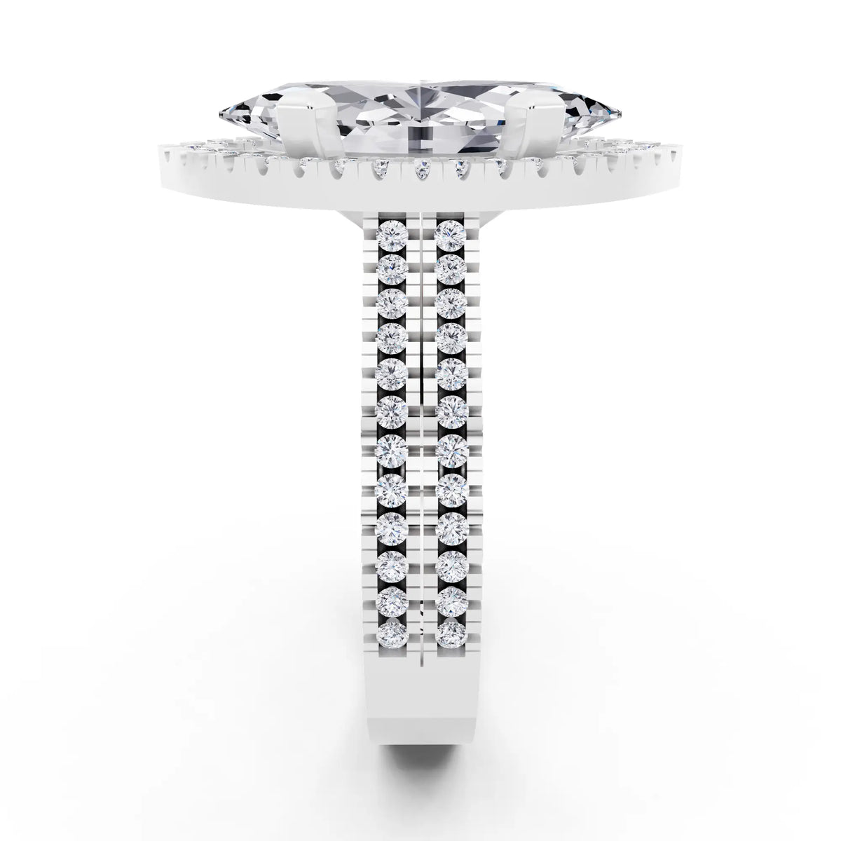Platinum Marquise Cut Diamond Halo Ring with Twin Pave Band - side view