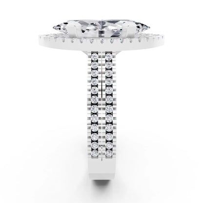 Platinum Marquise Cut Diamond Halo Ring with Twin Pave Band - side view