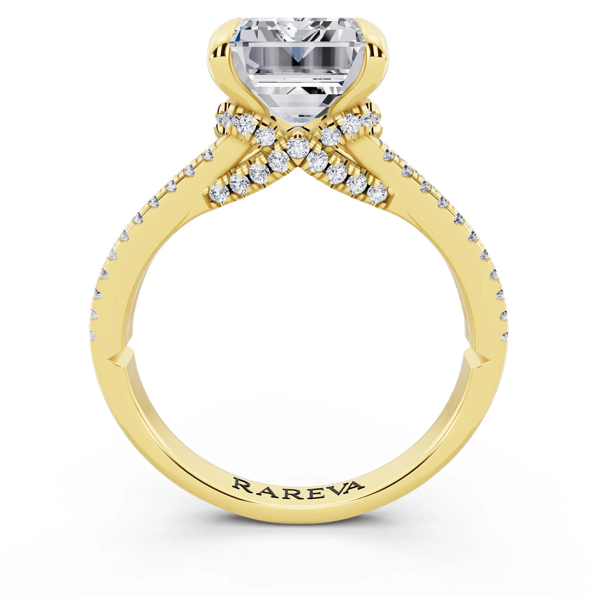 14 KT Yellow Gold Emerald Cut Diamond Ring with Pavé Split Shank - through finger