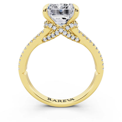 14 KT Yellow Gold Emerald Cut Diamond Ring with Pavé Split Shank - through finger