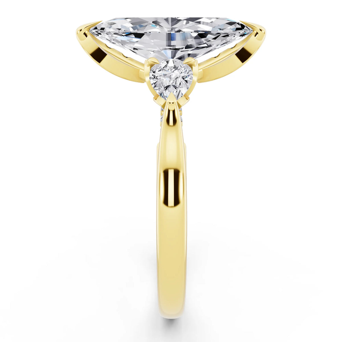 14 KT Yellow Gold Marquise Cut Diamond Cluster Engagement Ring with Pear Accents and Pavé Band - side view
