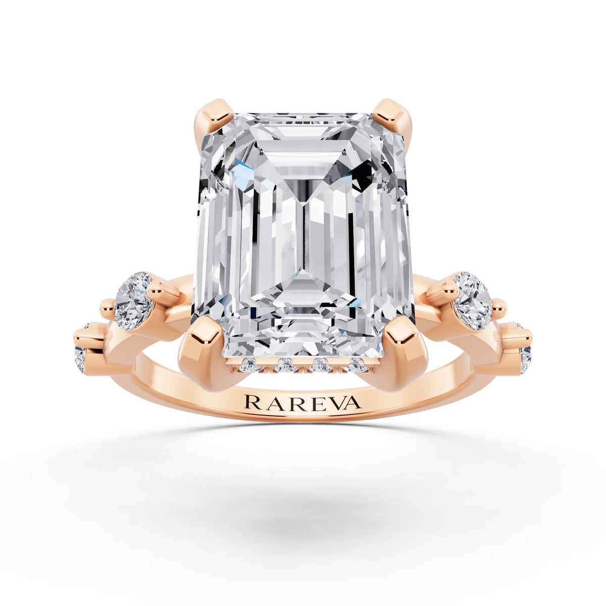 18 KT Rose Gold Emerald Cut Diamond Solitaire Ring with Floating Diamond Accents - front view