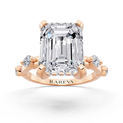 18 KT Rose Gold Emerald Cut Diamond Solitaire Ring with Floating Diamond Accents - front view