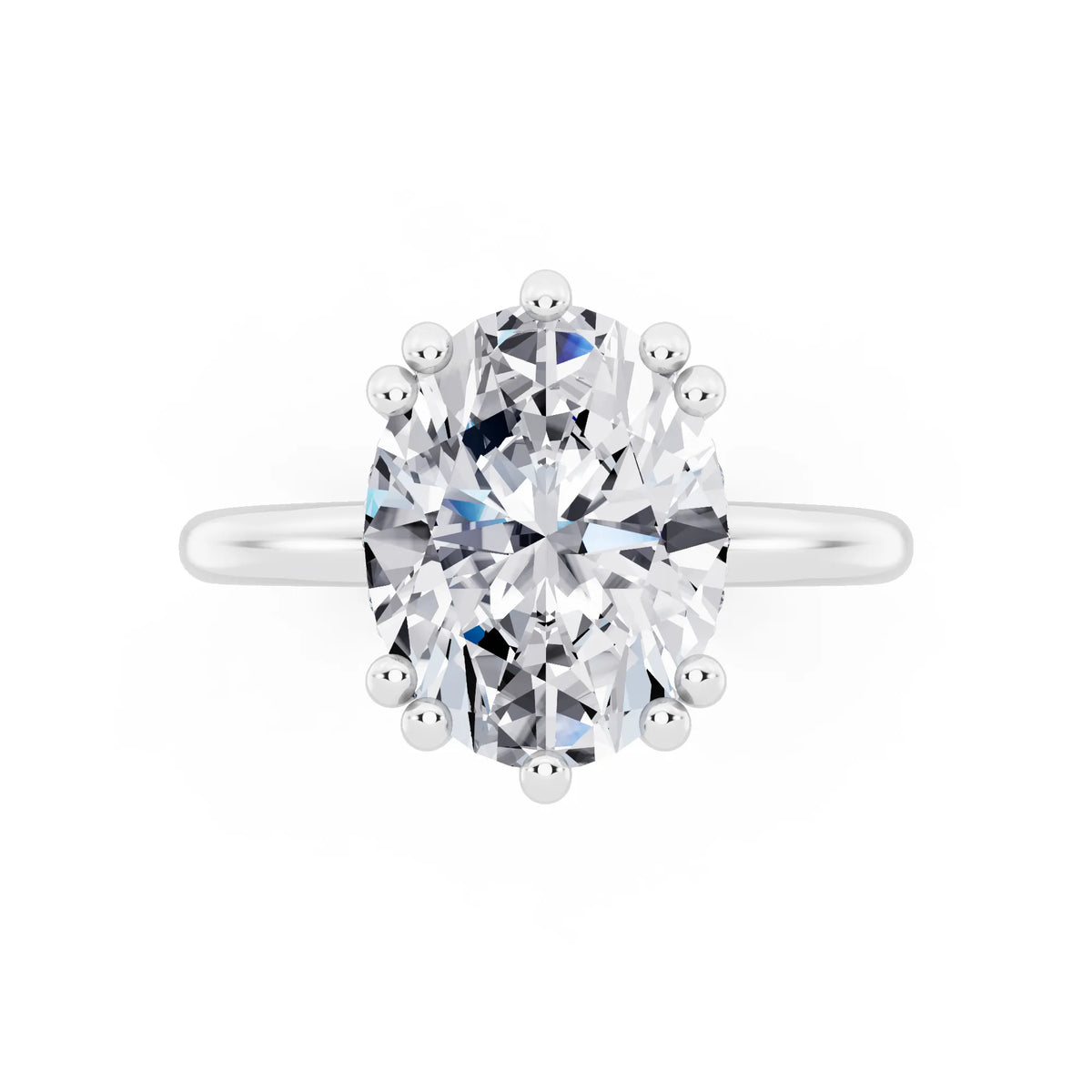18 KT White Gold Oval Cut Diamond Solitaire Ring with Hidden Accent Basket - top angle