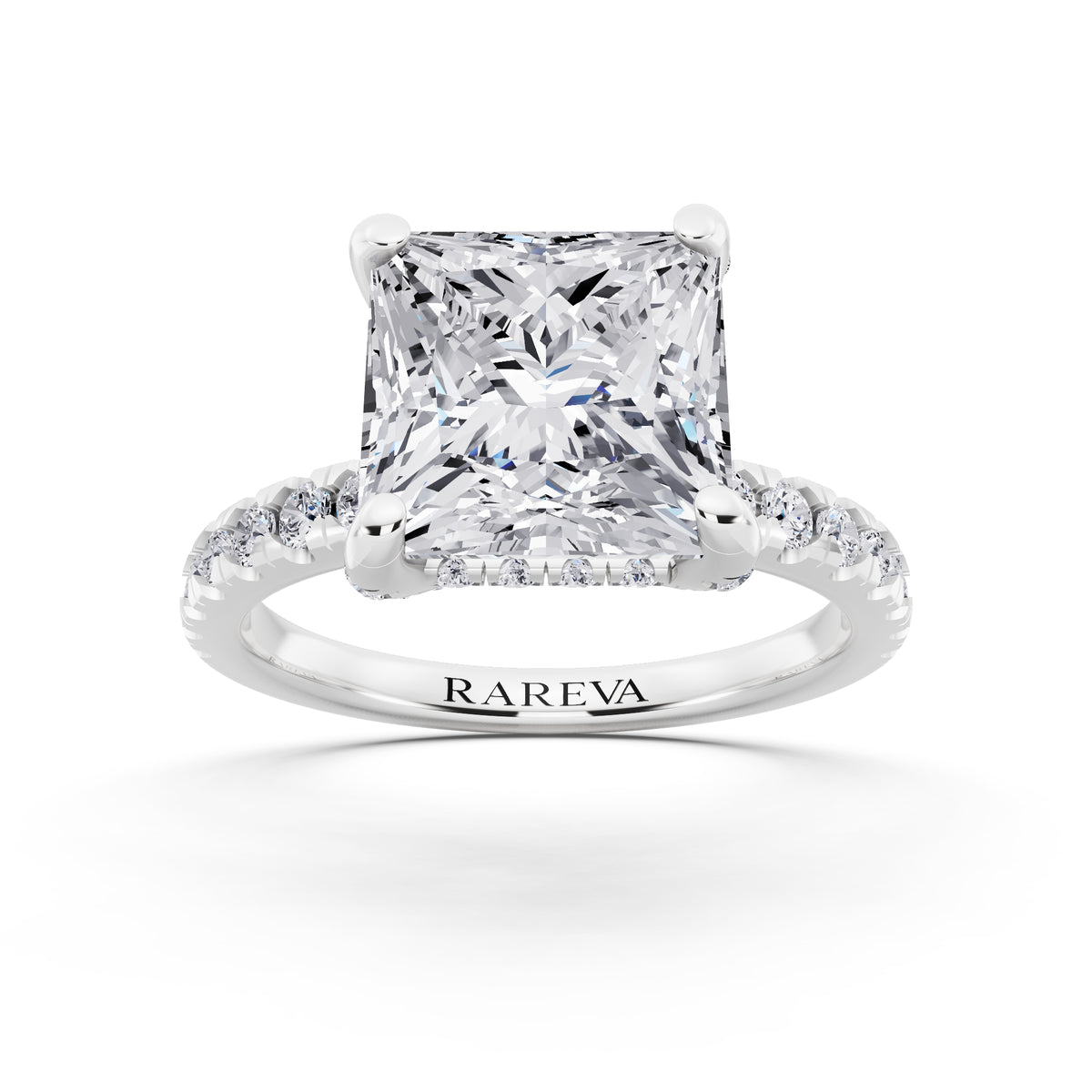 14 KT White Gold Princess Cut Diamond Hidden Halo Ring with Pave Shank - front view