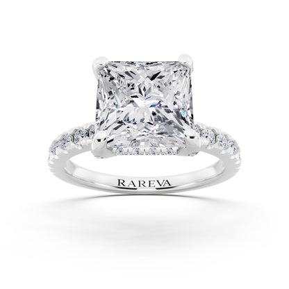14 KT White Gold Princess Cut Diamond Hidden Halo Ring with Pave Shank - front view
