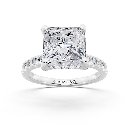 14 KT White Gold Princess Cut Diamond Hidden Halo Ring with Pave Shank - front view