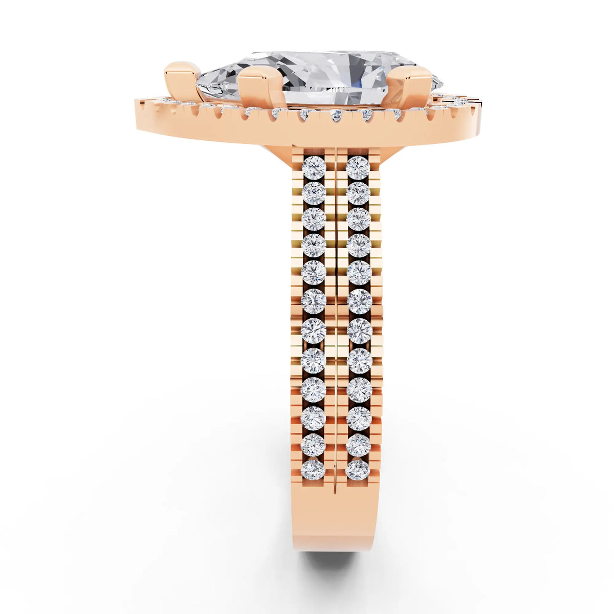 14 KT Rose Gold Pear Cut Diamond Halo Ring with Twin Pave Band - side view