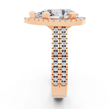 14 KT Rose Gold Pear Cut Diamond Halo Ring with Twin Pave Band - side view