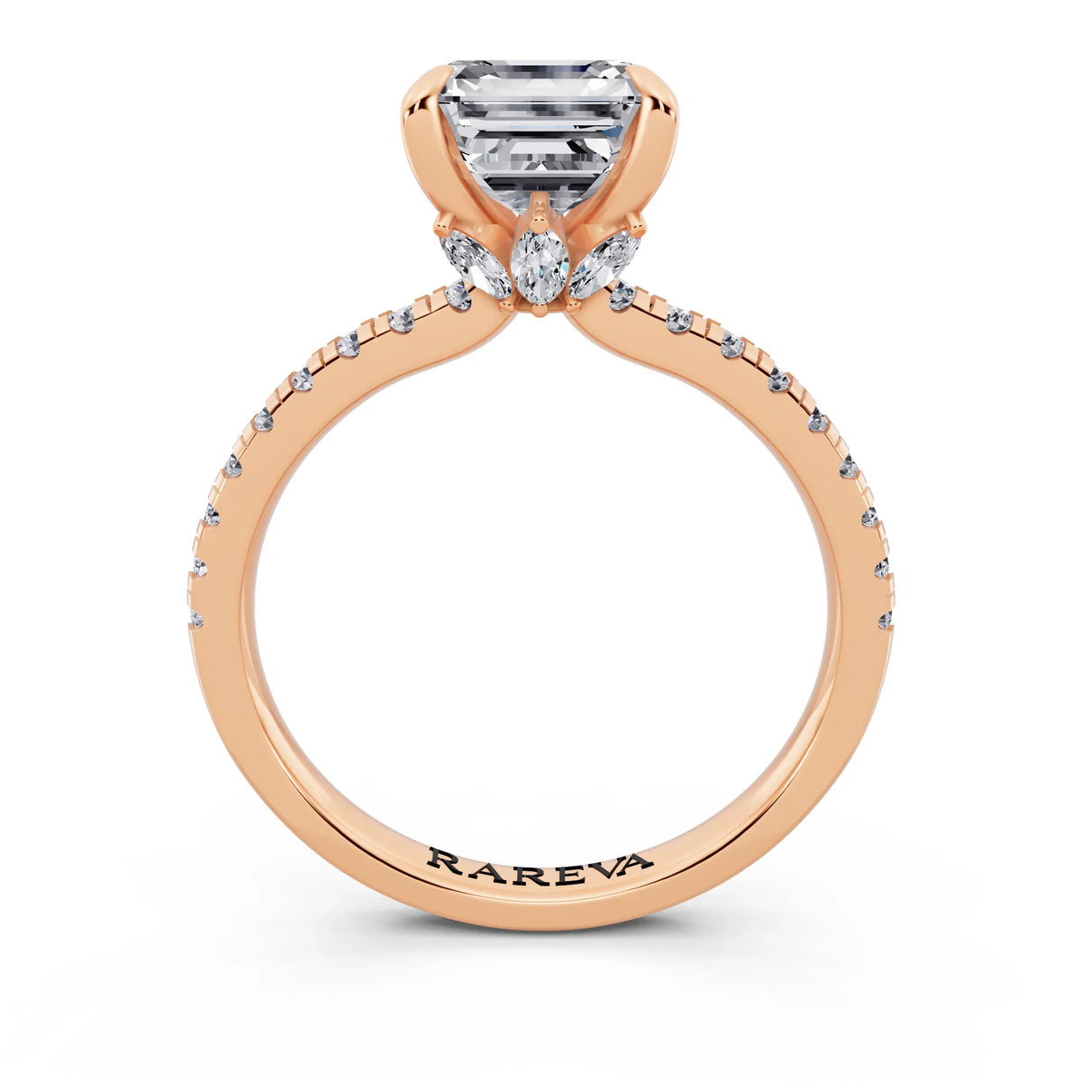 14 KT Rose Gold Asscher Cut Diamond Solitaire Ring with Marquise Collar - through finger