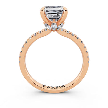 14 KT Rose Gold Asscher Cut Diamond Solitaire Ring with Marquise Collar - through finger