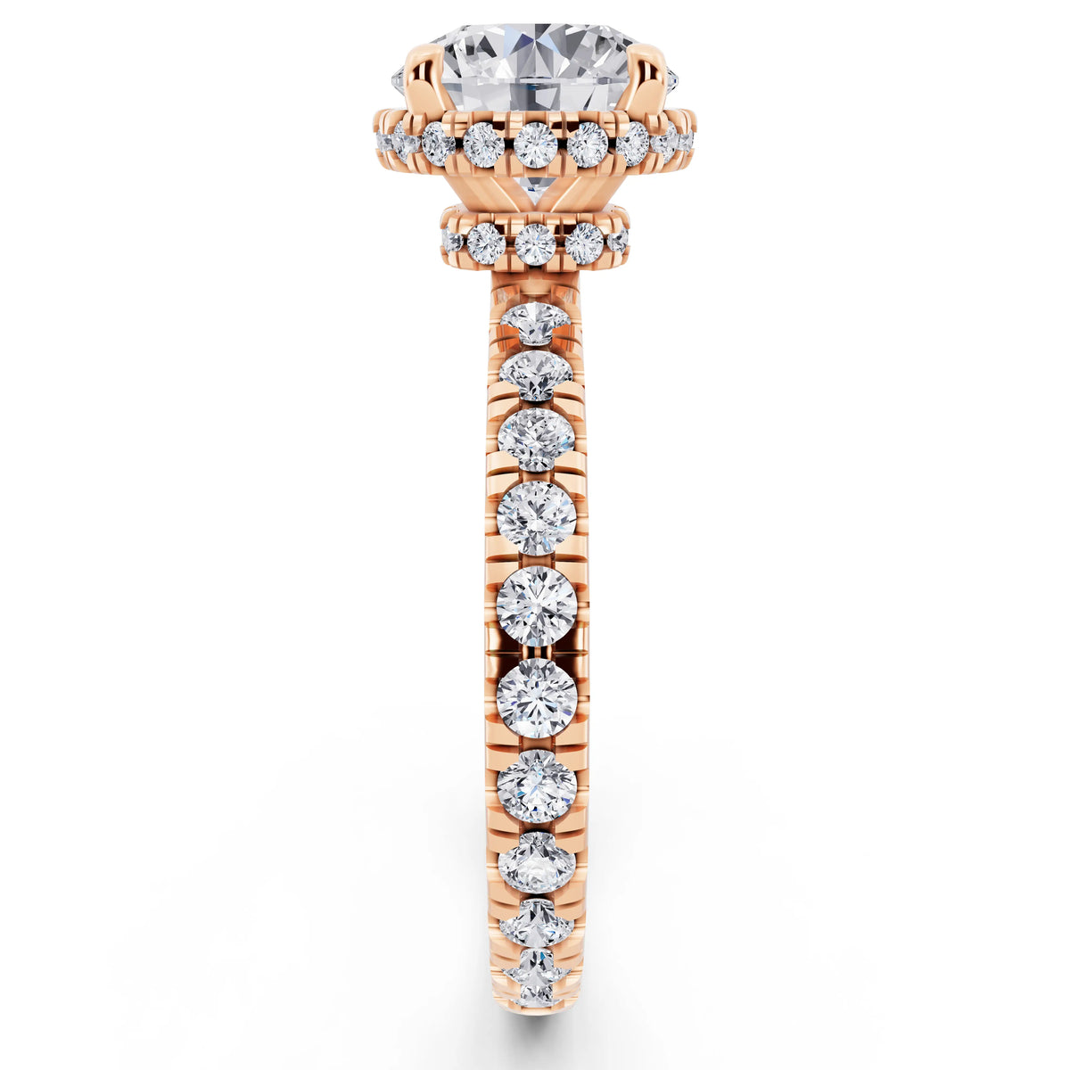 14 KT Rose Gold Round Cut Diamond Hidden Halo Ring with Pave Band - side view