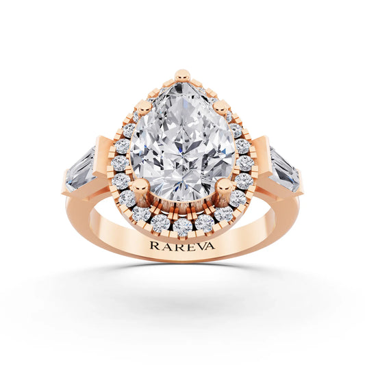 18 KT Rose Gold Pear Cut Diamond Halo Ring with Baguette Accents - front view