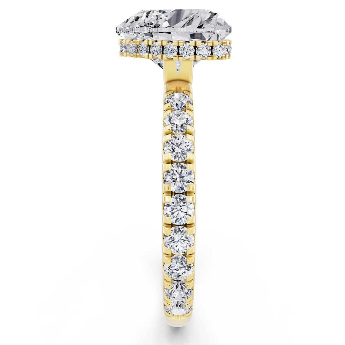 14 KT Yellow Gold Heart Cut Diamond Solitaire Ring with Hidden Halo and French Pave Band - side view