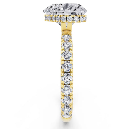 14 KT Yellow Gold Heart Cut Diamond Solitaire Ring with Hidden Halo and French Pave Band - side view