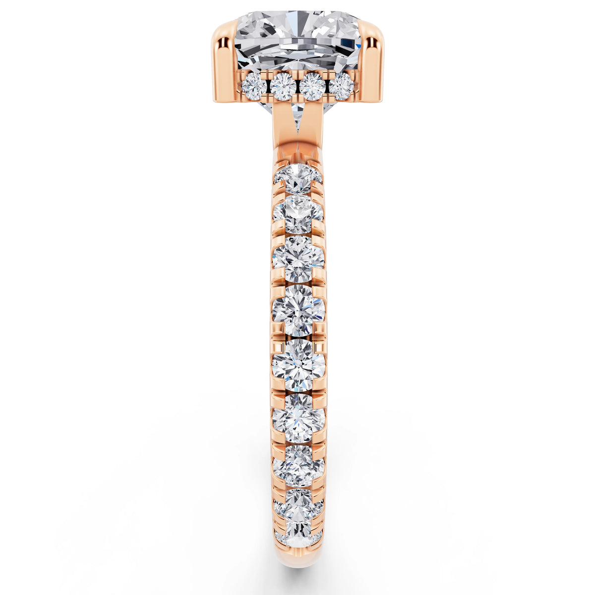 14 KT Rose Gold Cushion Cut Diamond Solitaire Ring with Hidden Halo and French Pave Band - side view