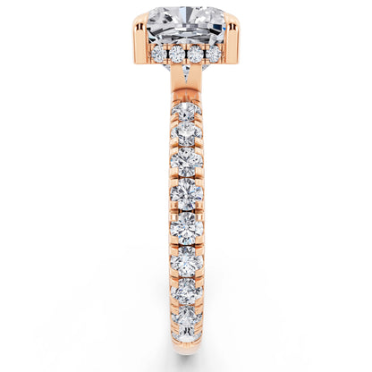 14 KT Rose Gold Cushion Cut Diamond Solitaire Ring with Hidden Halo and French Pave Band - side view
