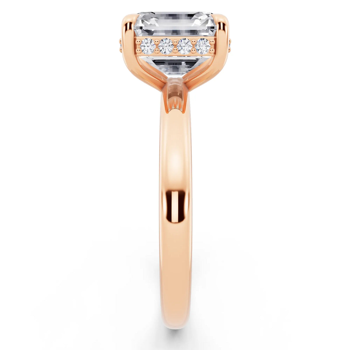 14 KT Rose Gold Asscher Cut Diamond Hidden Halo Solitaire Ring - side view