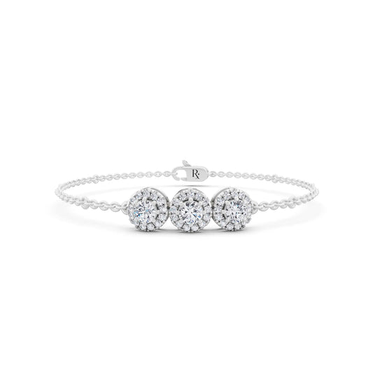 10K White Gold Three Stone Round Halo Diamond Chain Bracelet - Main