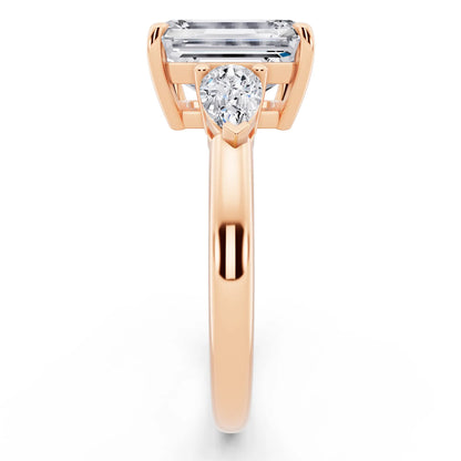18 KT Rose Gold Emerald Cut Diamond Three Stone Pear Accent Ring - side view