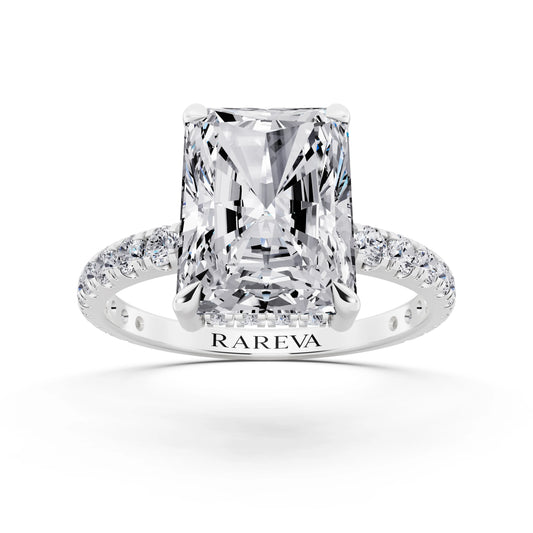18 KT White Gold Radiant Cut Diamond Solitaire Ring with Hidden Halo and French Pave Band - front view