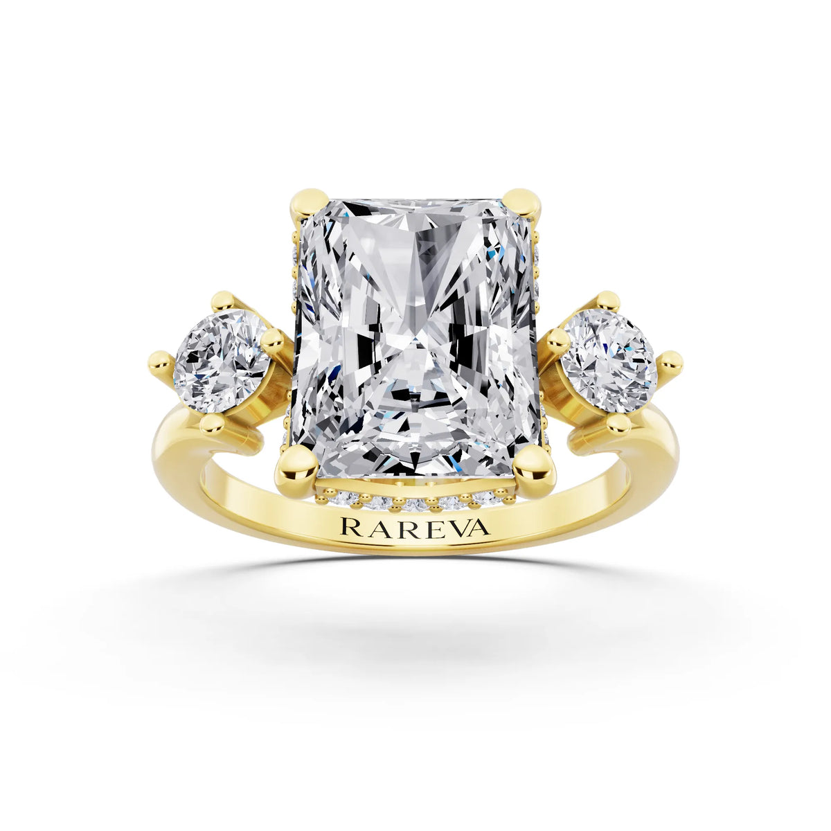 18 KT Yellow Gold Radiant Cut Diamond Three Stone Engagement Ring with Hidden Halo - front view