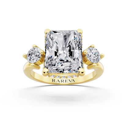 18 KT Yellow Gold Radiant Cut Diamond Three Stone Engagement Ring with Hidden Halo - front view