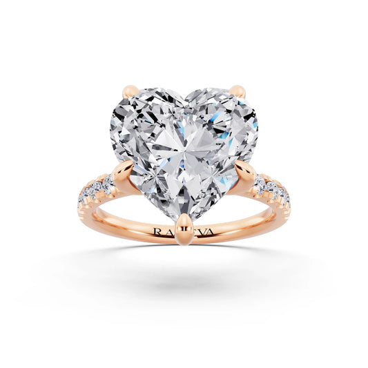 14 KT Rose Gold Heart Cut Diamond Hidden Halo Tiger Prong Pave Band Ring - front view