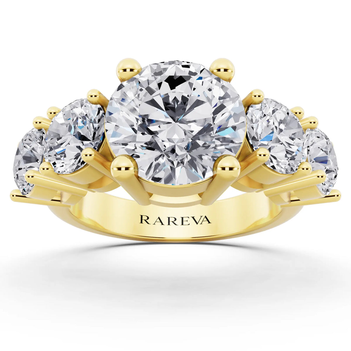 18 KT Yellow Gold Round Cut Diamond Five Stone Ring with Channel Set Band - Front