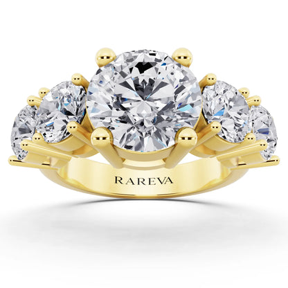 18 KT Yellow Gold Round Cut Diamond Five Stone Ring with Channel Set Band - Front
