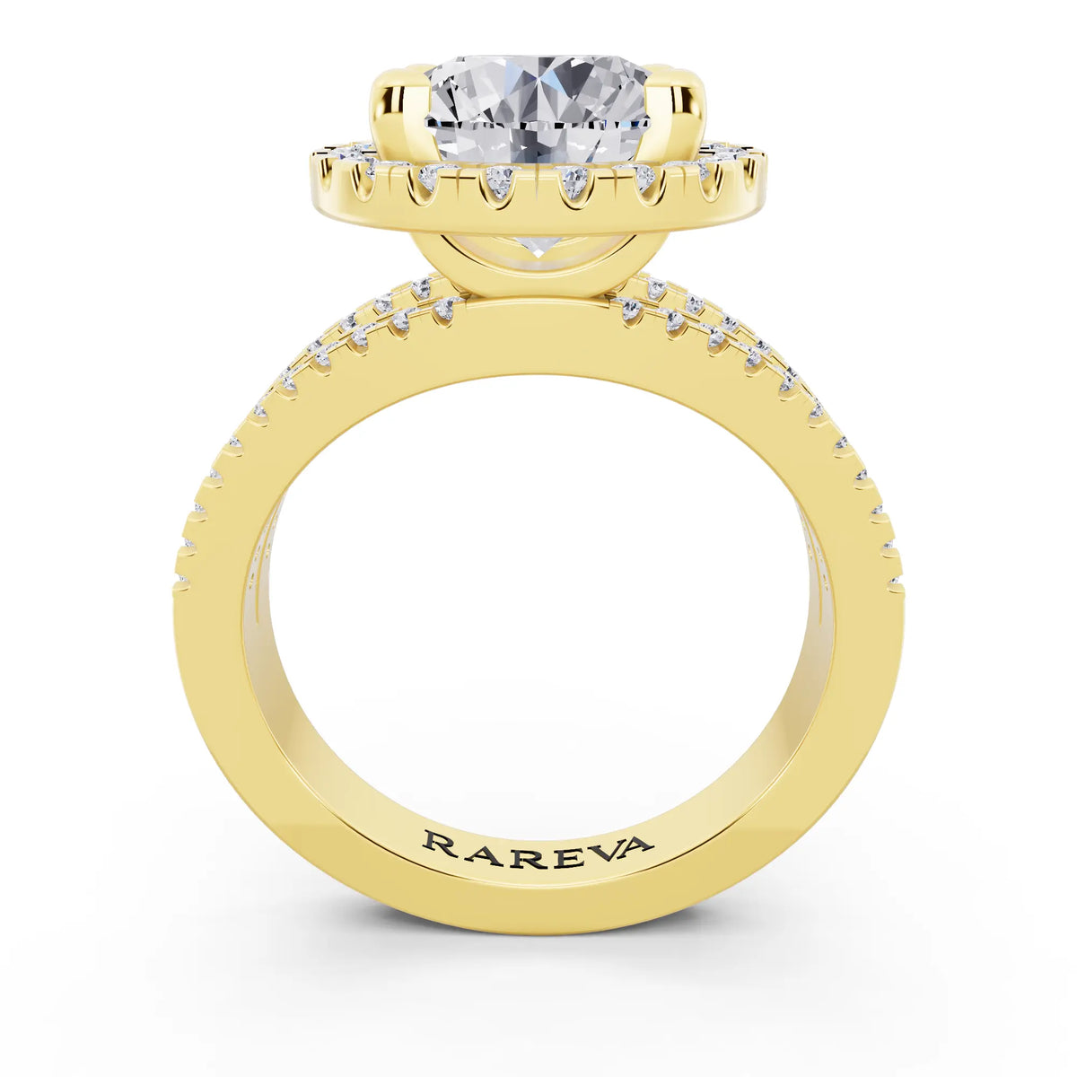 18 KT Yellow Gold Round Cut Diamond Halo Ring with Pave Split Shank - through finger
