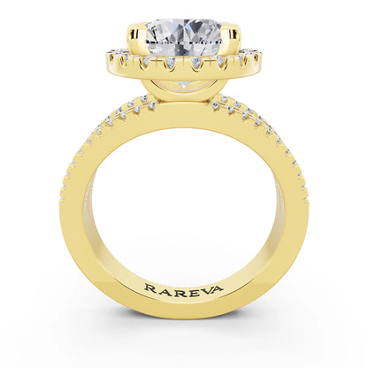 18 KT Yellow Gold Round Cut Diamond Halo Ring with Pave Split Shank - through finger