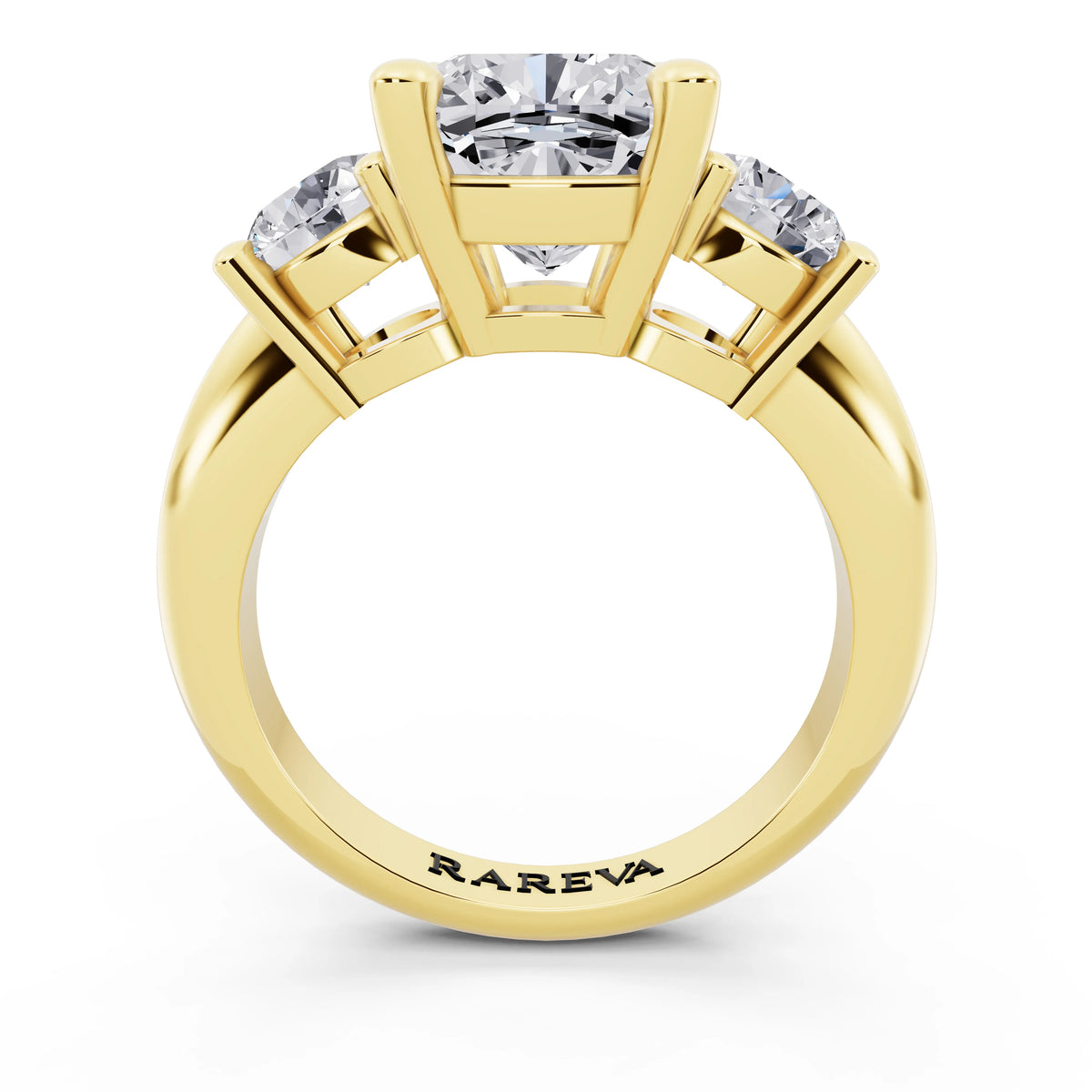 14 KT Yellow Gold Cushion Cut Diamond Three Stone Ring with Round Accents - through finger