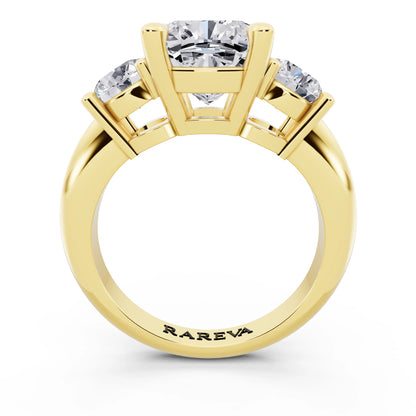 14 KT Yellow Gold Cushion Cut Diamond Three Stone Ring with Round Accents - through finger