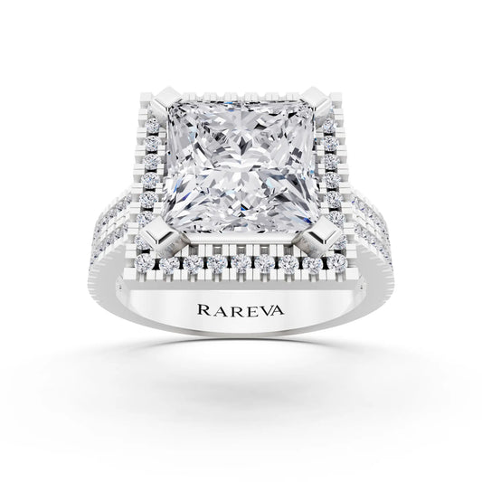14 KT White Gold Princess Cut Diamond Halo Ring with Twin Pave Band - front view