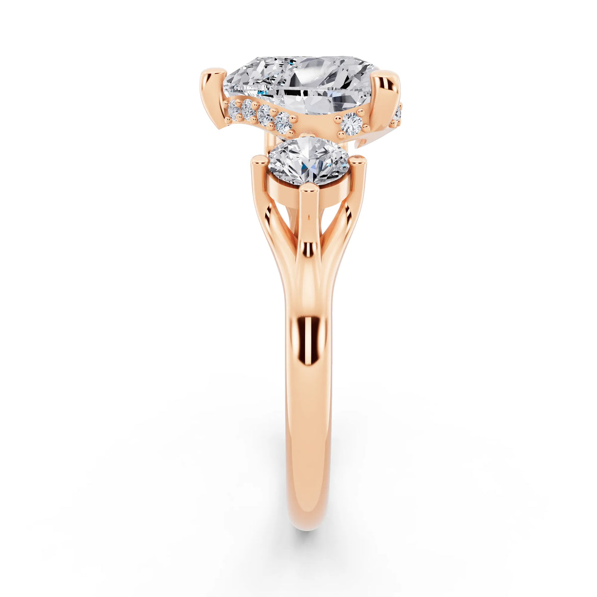 14 KT Rose Gold Heart Cut Diamond Three Stone Engagement Ring with Hidden Halo - side view