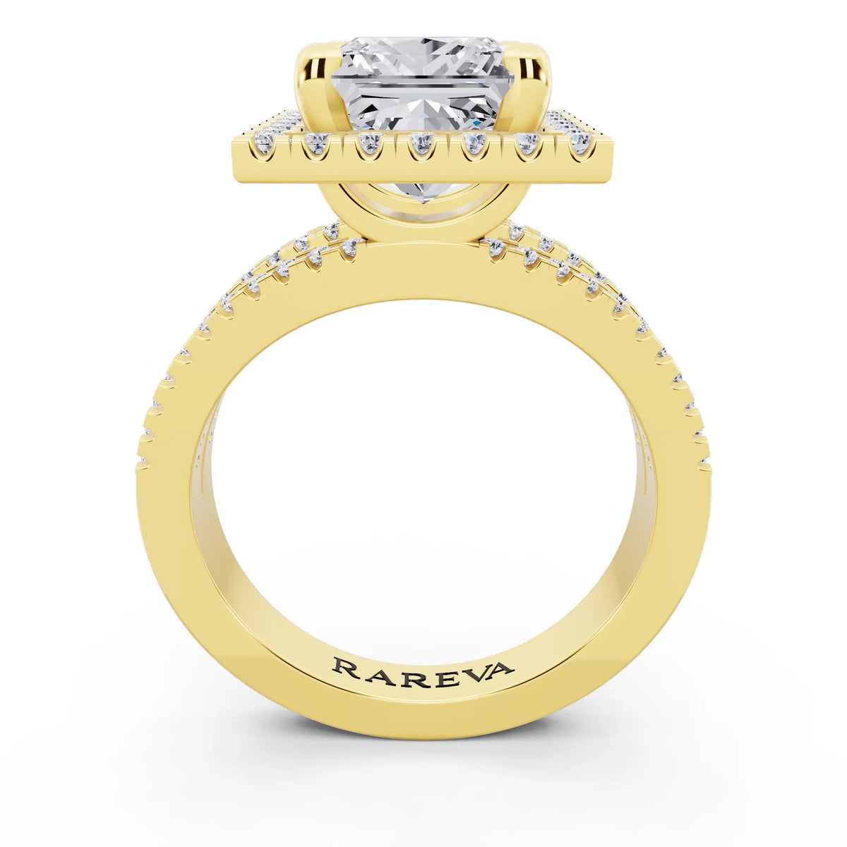18 KT Yellow Gold Princess Cut Diamond Halo Ring with Pave Split Shank - through finger