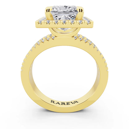 18 KT Yellow Gold Princess Cut Diamond Halo Ring with Pave Split Shank - through finger
