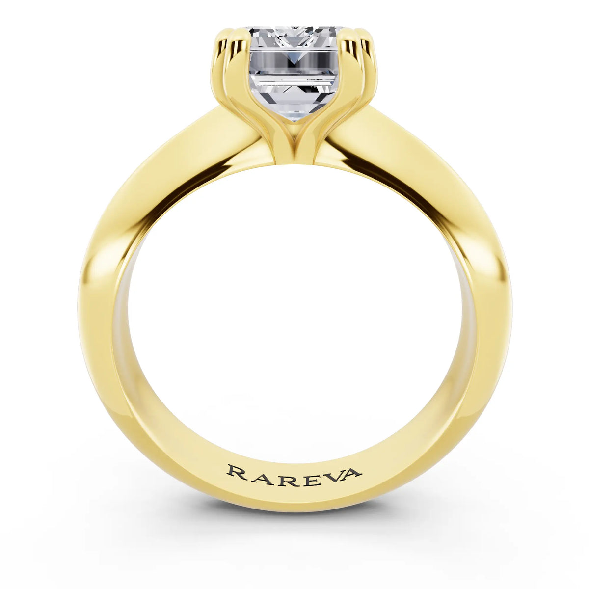 18 KT Yellow Gold Emerald Cut Diamond Solitaire Ring with Knife Edge Band - through finger