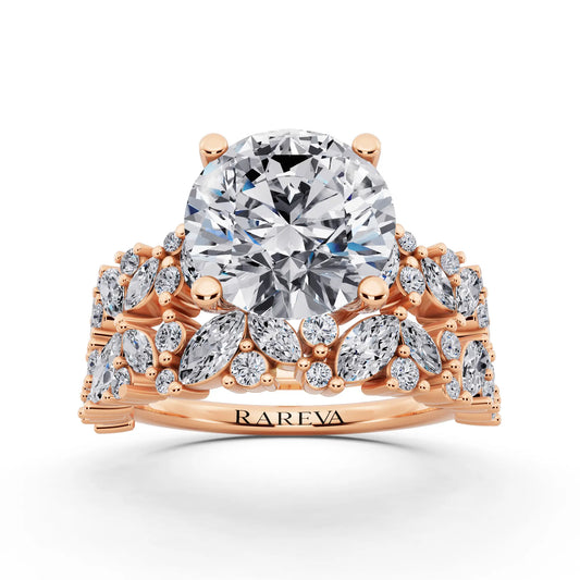 14 KT Rose Gold Round Cut Diamond Ring with Marquise Cluster Band - front view