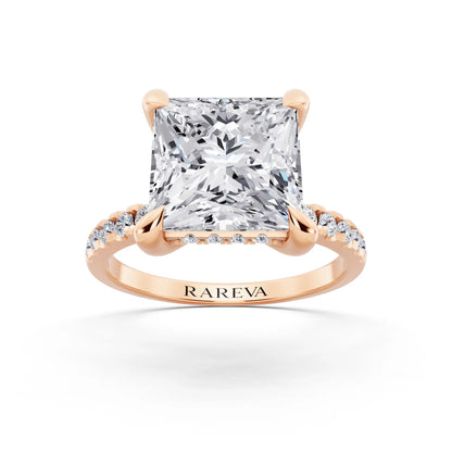 18 KT Rose Gold Princess Cut Diamond Solitaire Ring with Round Pavé Band and Prong Setting - front view