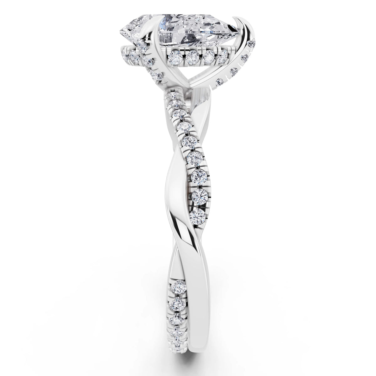 14 KT White Gold Pear Cut Diamond Hidden Halo Ring with Twisted Pave Band - side view