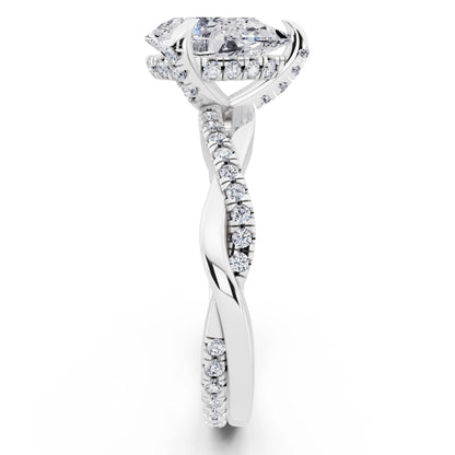 14 KT White Gold Pear Cut Diamond Hidden Halo Ring with Twisted Pave Band - side view