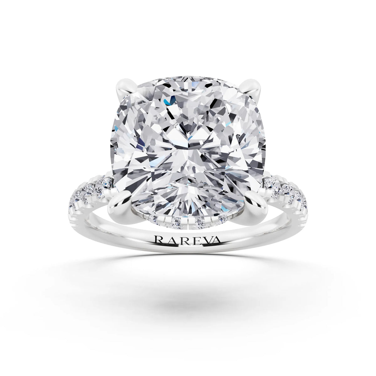 18 KT White Gold Cushion Cut Diamond Hidden Halo Tiger Prong Pave Band Ring - front view