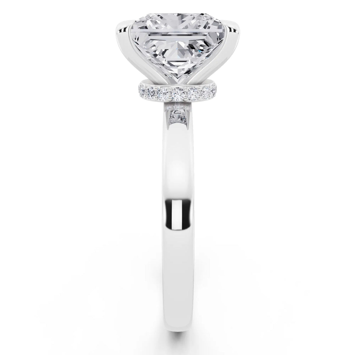 14 KT White Gold Princess Cut Diamond Solitaire Ring with Pave Collar - side view