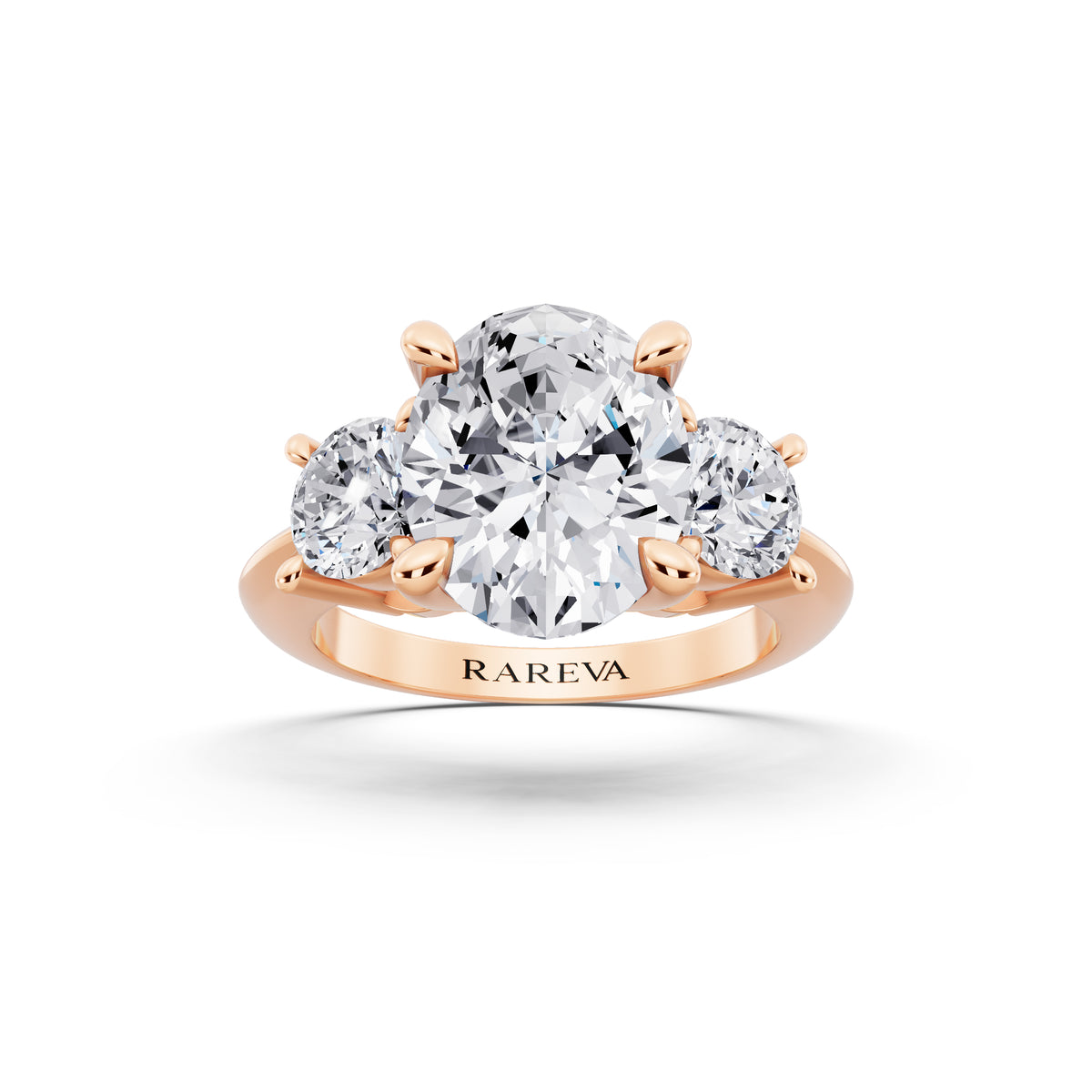 18 KT Rose Gold Oval Cut Diamond Three Stone Ring with Round Accents - front view