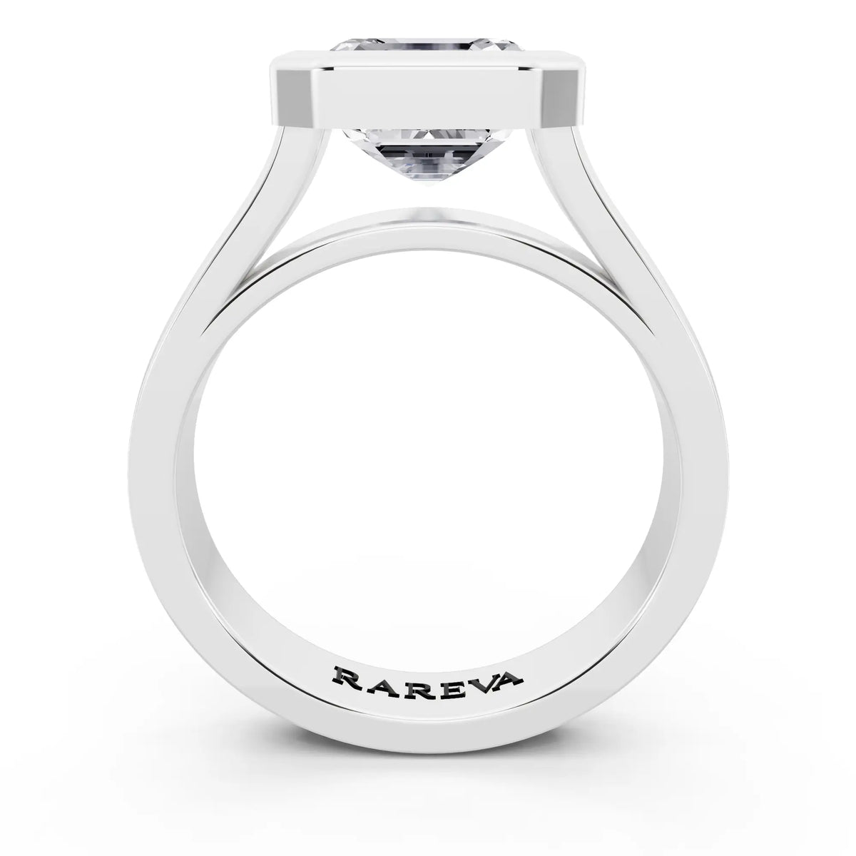 18 KT White Gold Asscher Cut Diamond Bezel Set Solitaire Ring - through finger