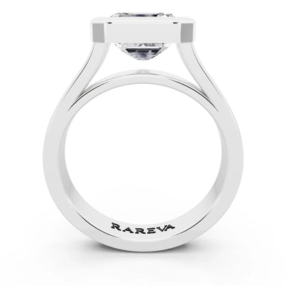 18 KT White Gold Asscher Cut Diamond Bezel Set Solitaire Ring - through finger